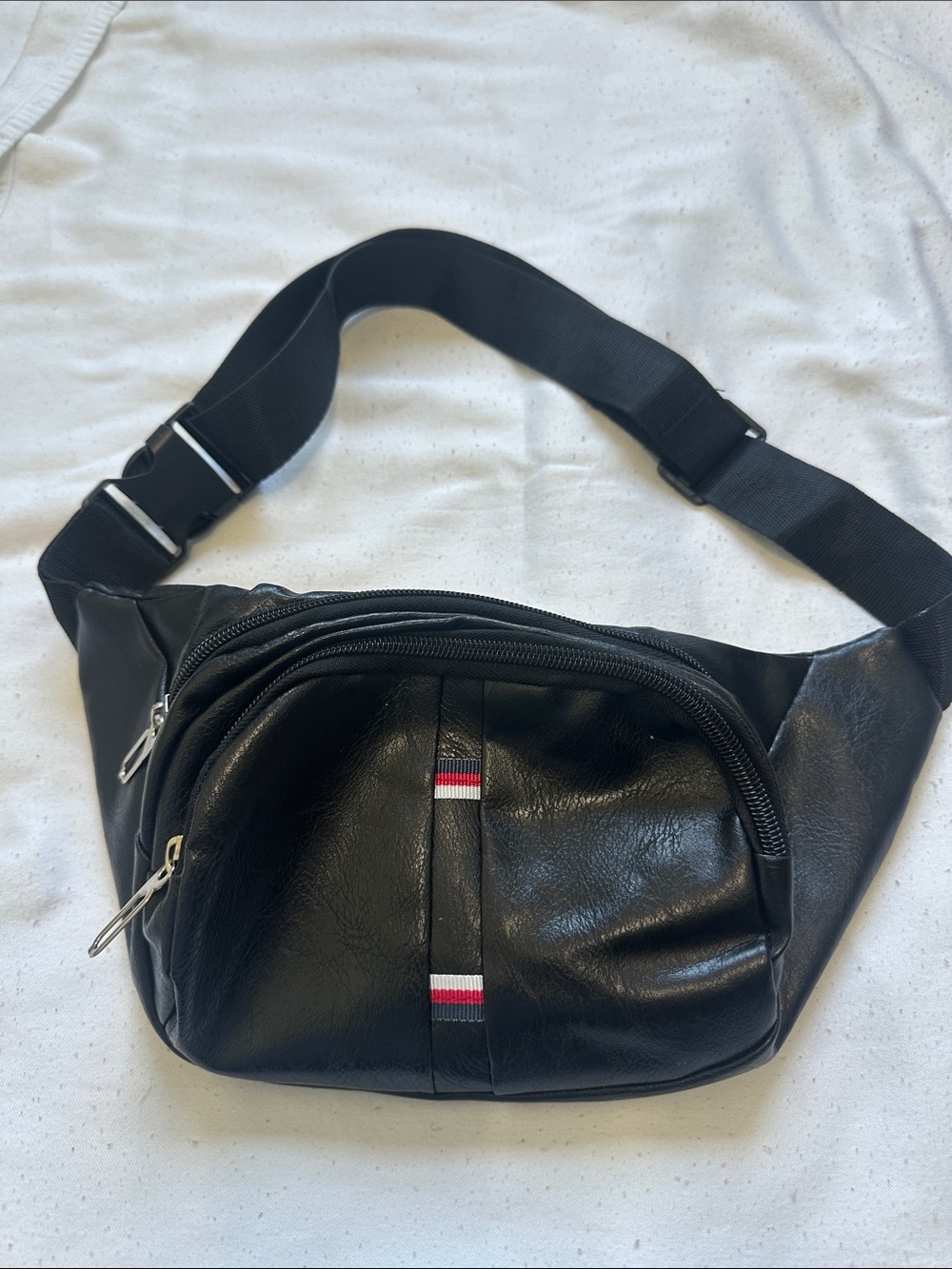 Black Men's Leather Waist Bag with Red & White Detail